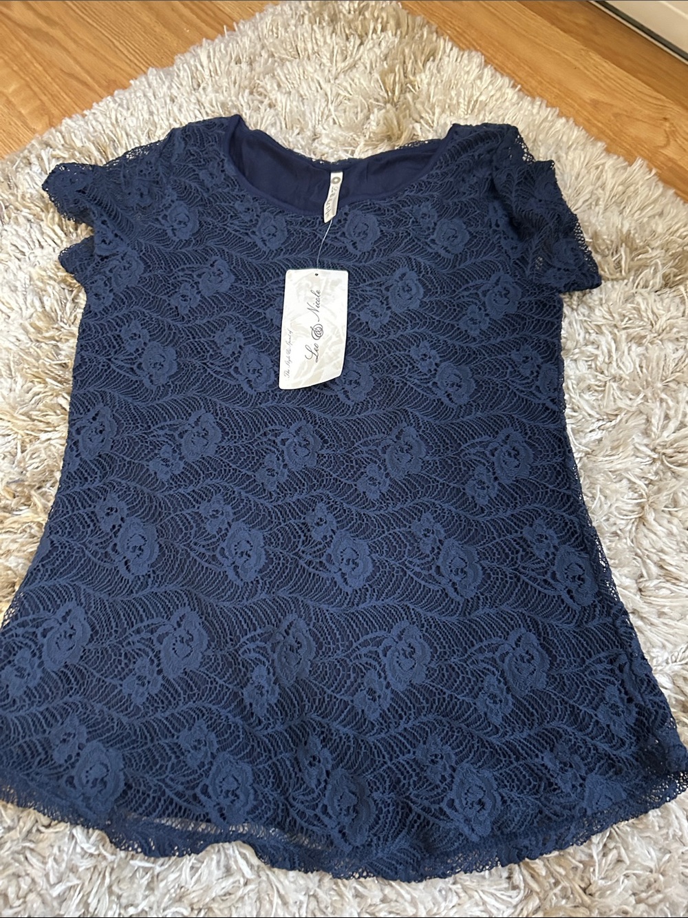 Leo & Nicole Navy Floral Lace Short Sleeve Blouse